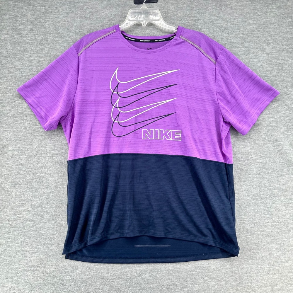 Nike Running Shirt Mens XL Purple Miler Dri-Fit Graphic Colorblock Short Sleeve
